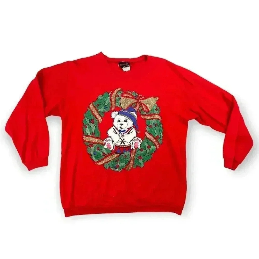 VTG Christmas Bear Retro Pullover Sweatshirt MEDIUM‎ Women's Andover Long Sleeve